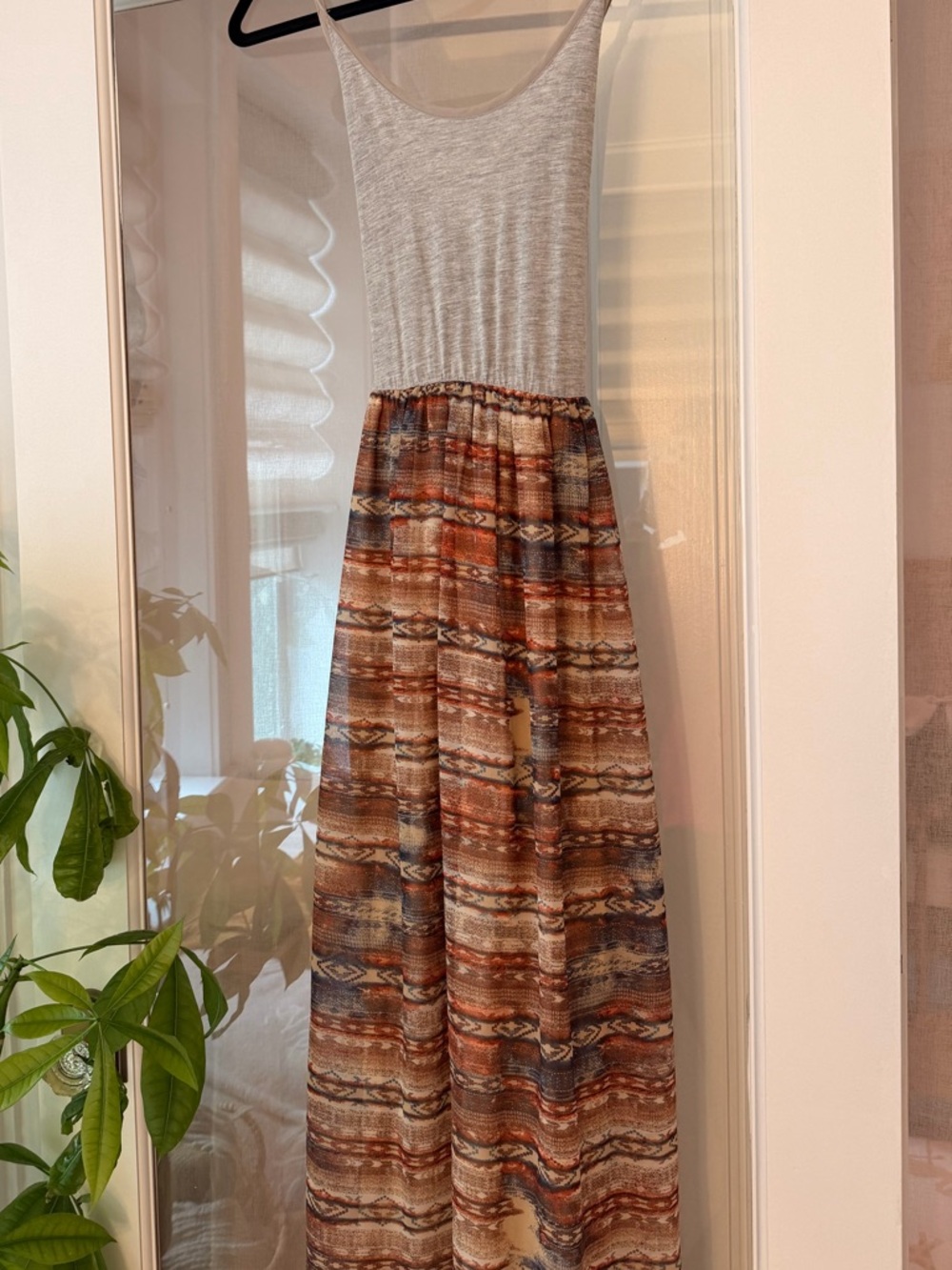 Ecote Maxi Dress with Gray Top and Brown Patterned Skirt